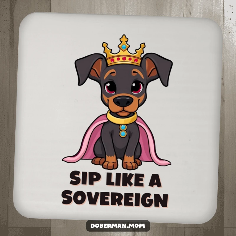 Funny drink coaster with a regal Doberman wearing a crown, posing confidently, adding royal charm.