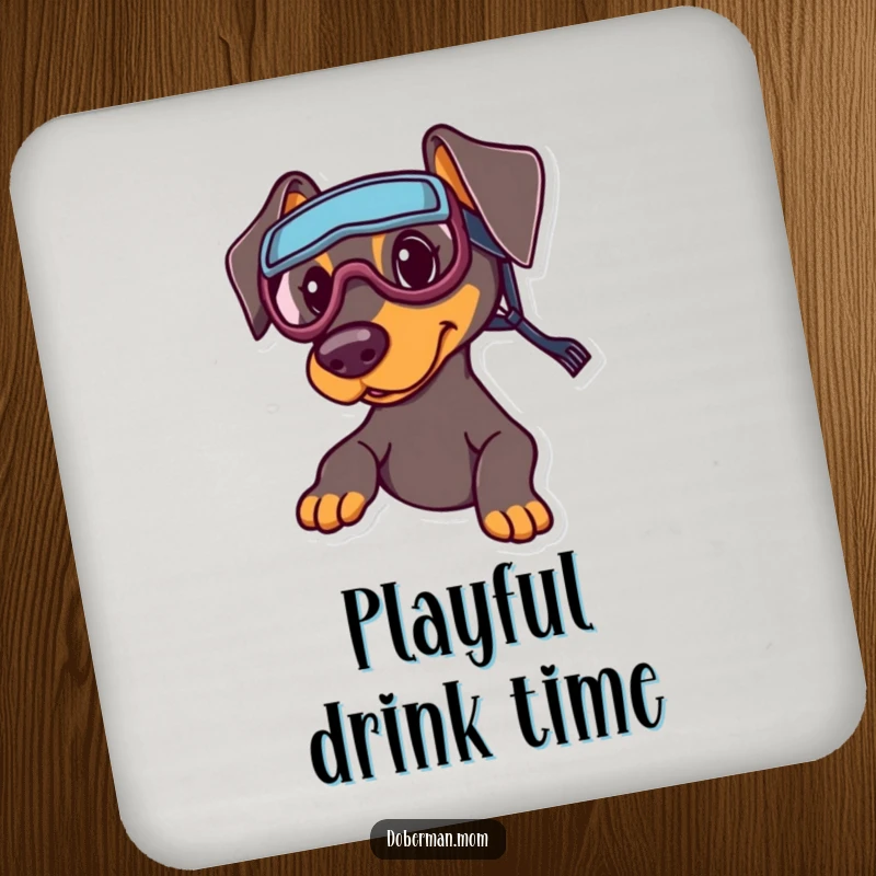 Funny Sports Doberman Coaster: A Doberman with tiny sports goggles, ready to protect surfaces with playful style.