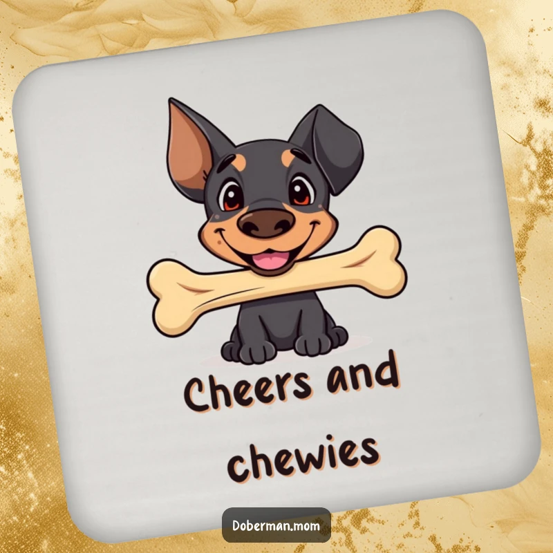 Funny Sweet Doberman coaster with a happy smile, offering a well-worn bone, adding adorable humor and protecting surfaces.