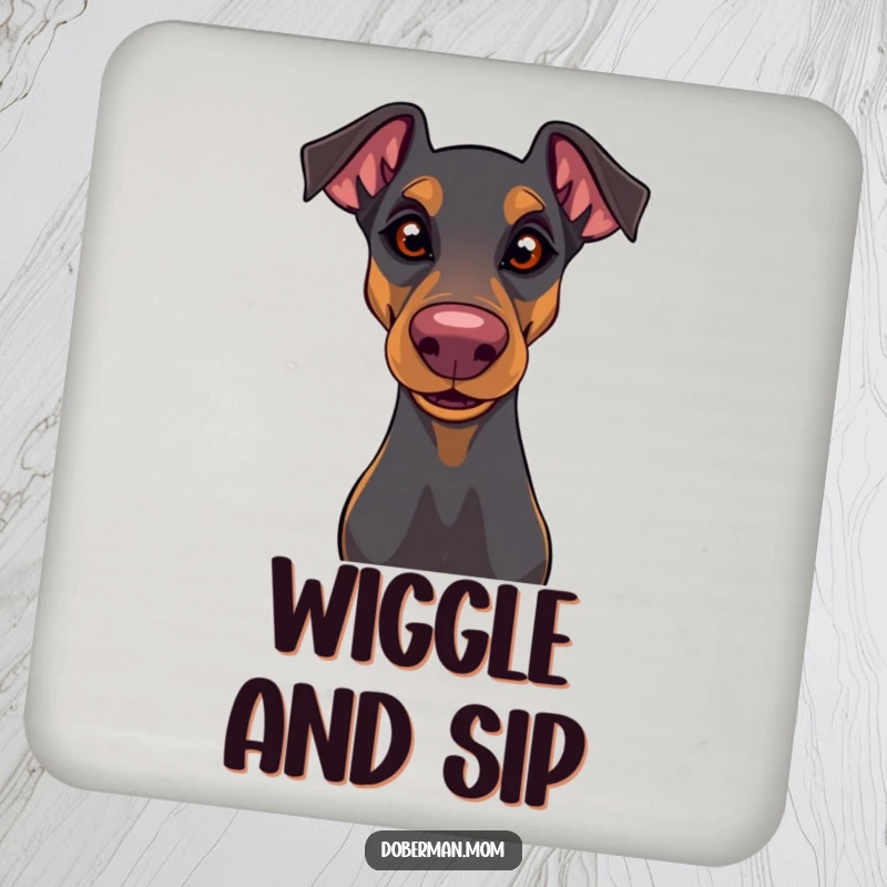Funny Doberman coasters featuring a dog with a playful glint and wiggly nose, adding humor and protection to tables.