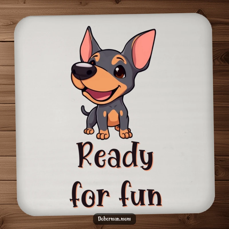 Funny Doberman drink coasters showcasing a dog letting out a playful bark, inviting interaction.