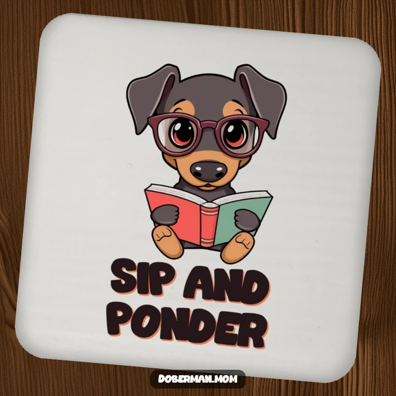 Funny Doberman Bookworm Coaster: A Doberman dog in reading glasses holds a book, protecting surfaces stylishly.
