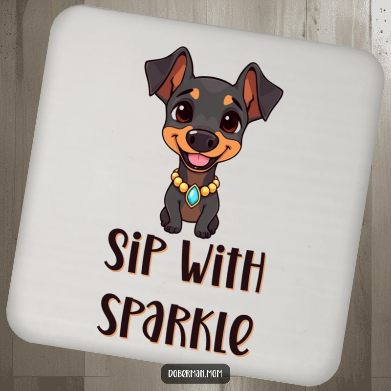 Doberman with a jeweled collar, smiling confidently on a drink coaster, adding a touch of luxury and protection.