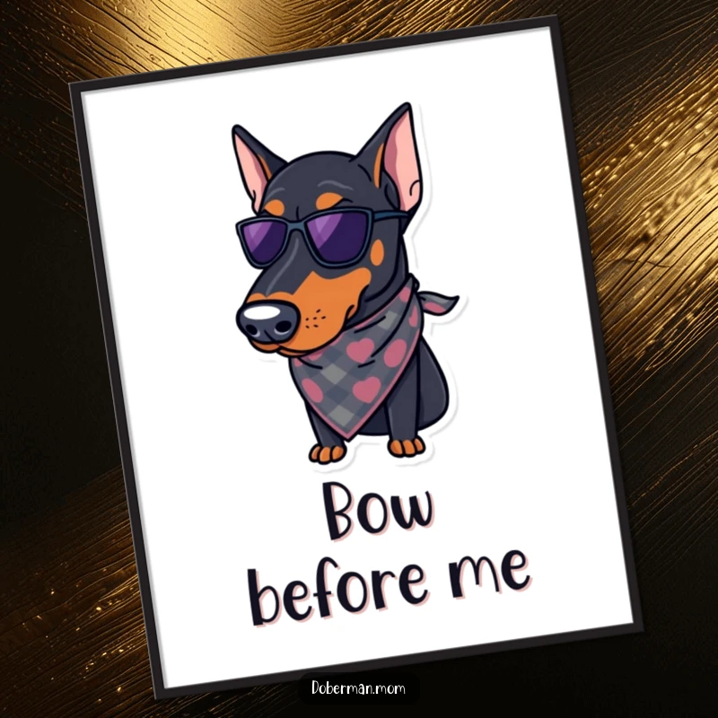 Funny Doberman Poster: A regal Doberman artistically depicted wearing a stylish bandana, adding a touch of humor and sophistication to wall decor.