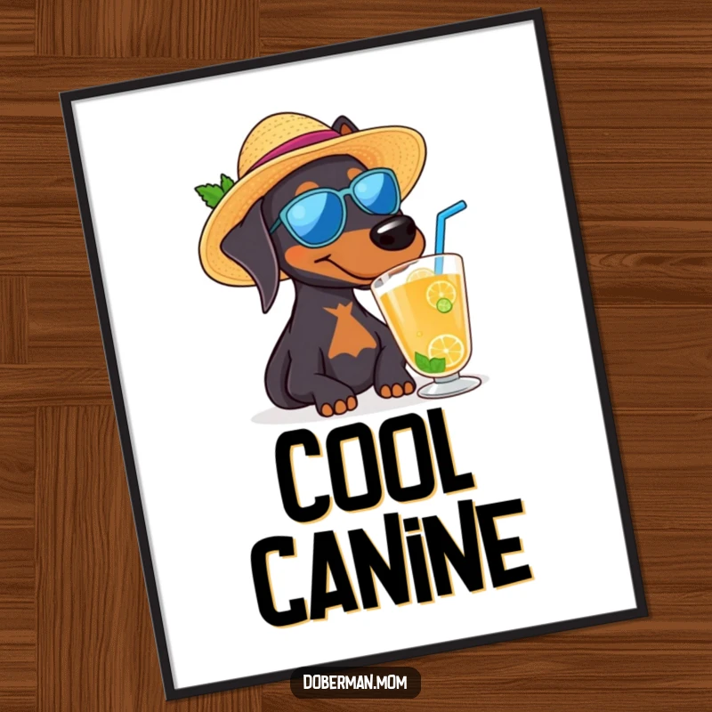 Funny Doberman dog wearing a sun hat and sipping a drink, a humorous tropical art poster.