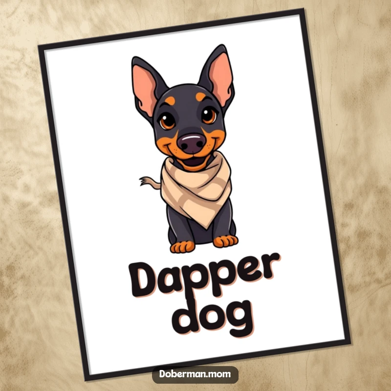 Funny Doberman poster featuring a confident Doberman with a stylish smile and a small scarf, exuding canine elegance.