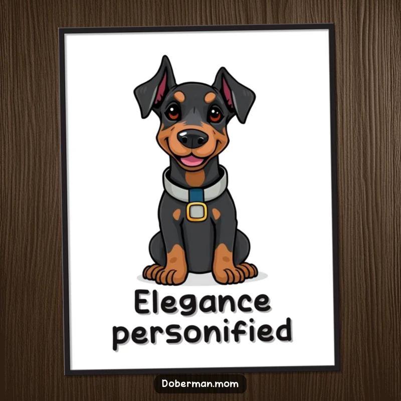 Funny Doberman with a polished collar and a confident smile, displayed as a humorous art poster.