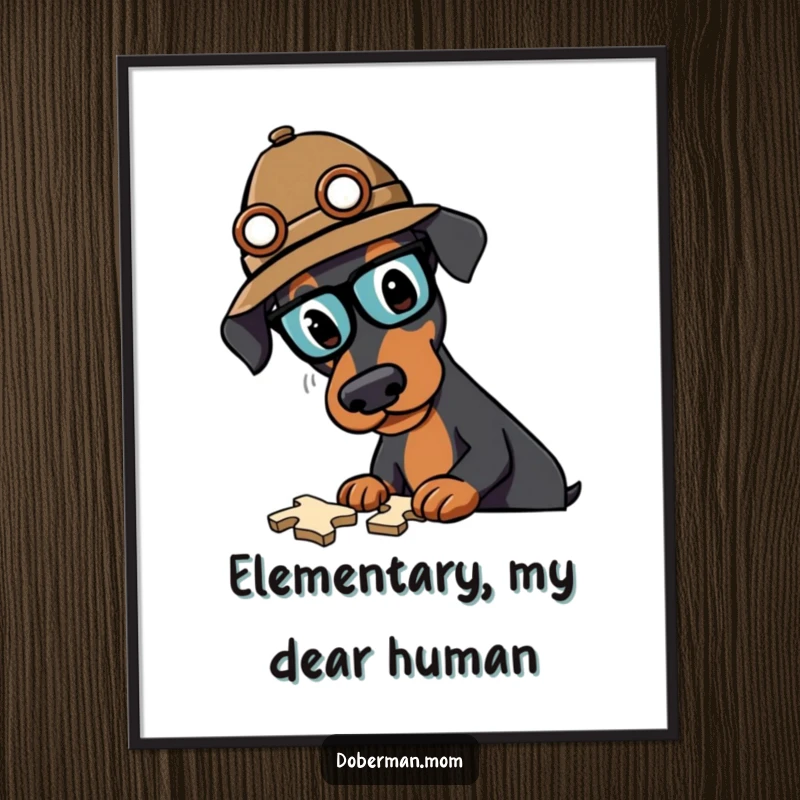 Funny Doberman detective poster showcasing an intelligent dog in a hat, meticulously solving a complex and intriguing puzzle.