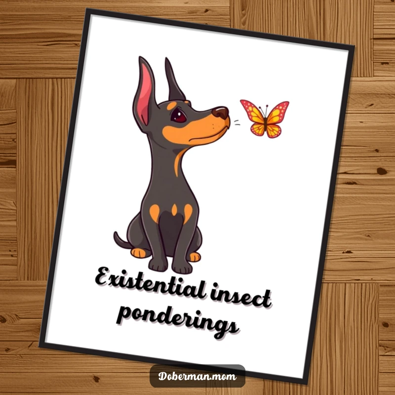 Funny Doberman poster, head tilted curiously, observing a beautiful butterfly in mid-flight, creating a whimsical scene.
