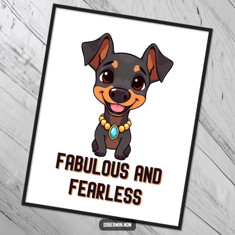 Doberman wearing a jeweled collar, smiling confidently on a poster, exuding a sense of luxury and canine sophistication.