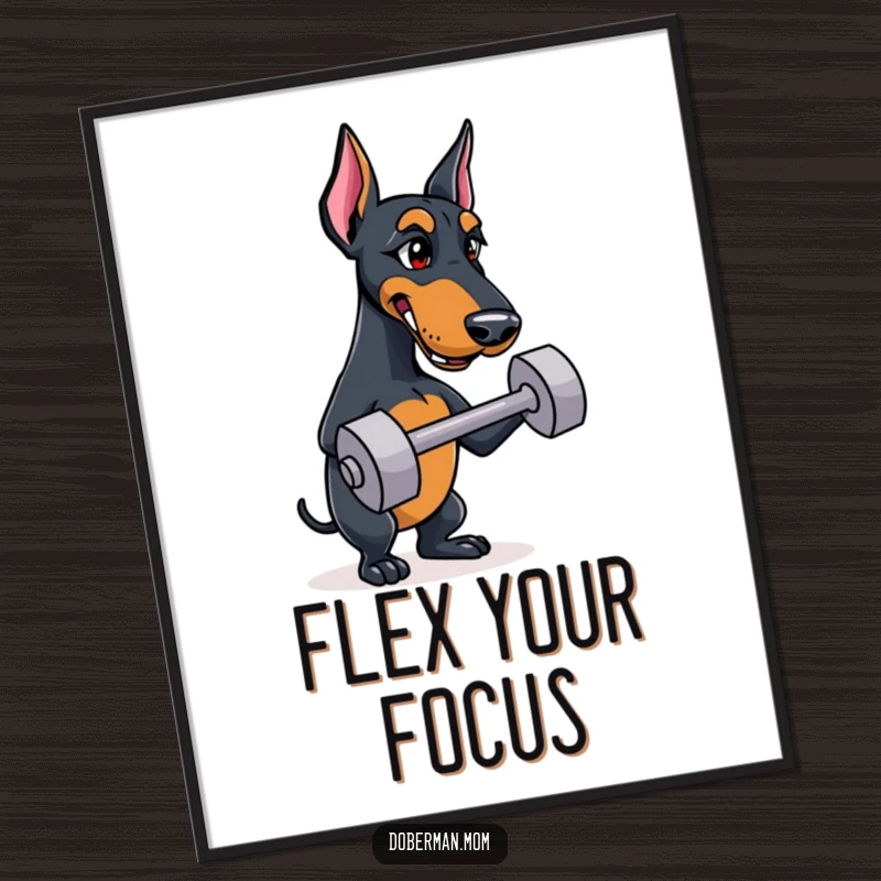 Funny Doberman poster showing a strong dog with a determined expression, carefully balancing a small training dumbbell.