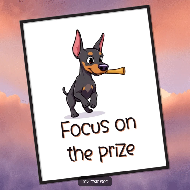 Funny Doberman with a determined gaze, retrieving a thrown stick, displayed as an inspiring poster artwork.