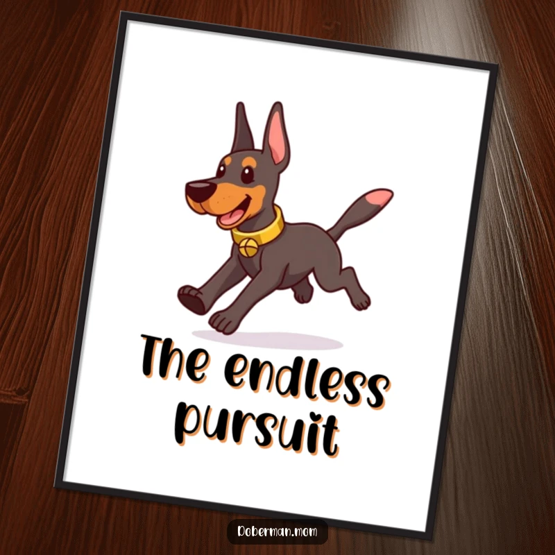 Funny Doberman wearing a tinkling bell collar, playfully chasing its tail in a humorous pose on wall art.
