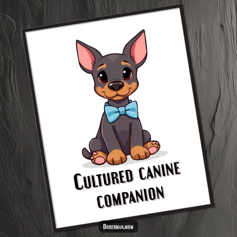 Funny Doberman poster depicting an attentive dog wearing a bow tie, adding a touch of sophisticated humor and personality to wall decor.