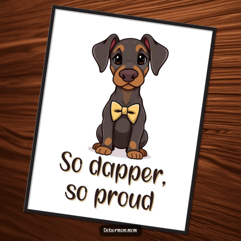 Funny Doberman standing proudly with a tiny, elegant bow tie, looking sharp as humorous wall art poster.