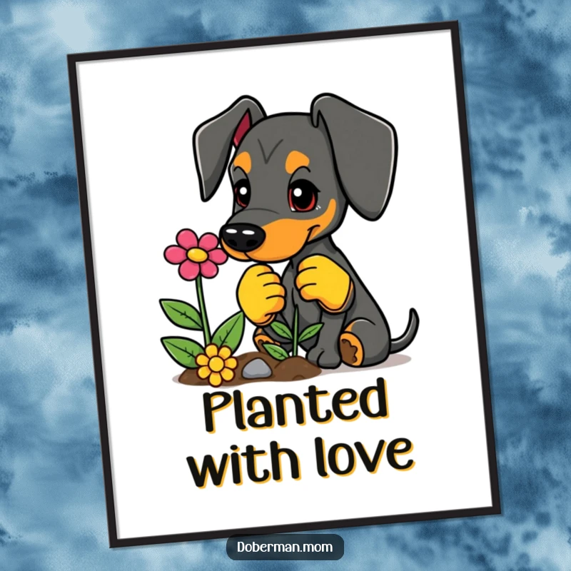 Funny poster art of a Doberman with gardening gloves, planting a vibrant flower, bringing garden charm.