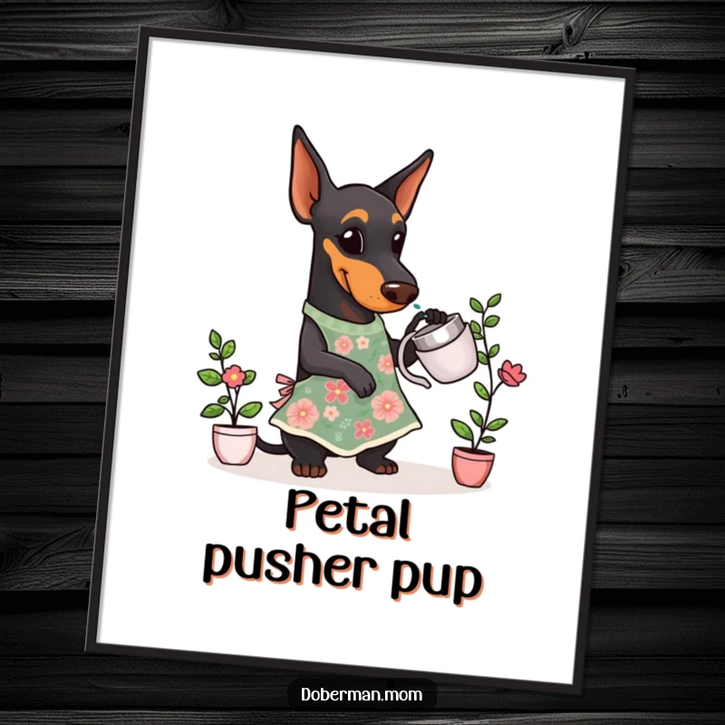 Funny Doberman Gardener Poster showing a Doberman dog in a floral apron, attentively watering a small green plant.