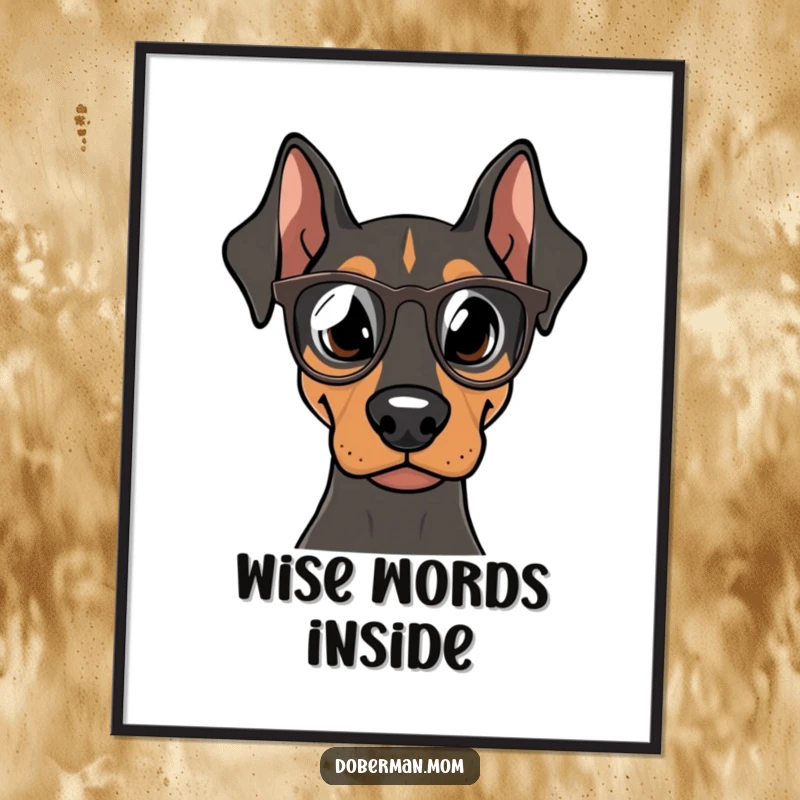 Funny Doberman Intellectual Poster, a Doberman in tiny spectacles, appearing wise and focused, perfect humorous wall art gift.