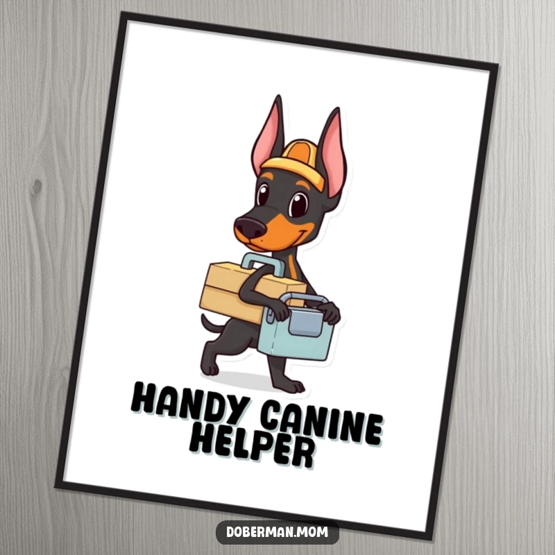 Funny Doberman toolbox poster print of a dog holding a small toolbox, ready for a task, perfect for workshop decoration.