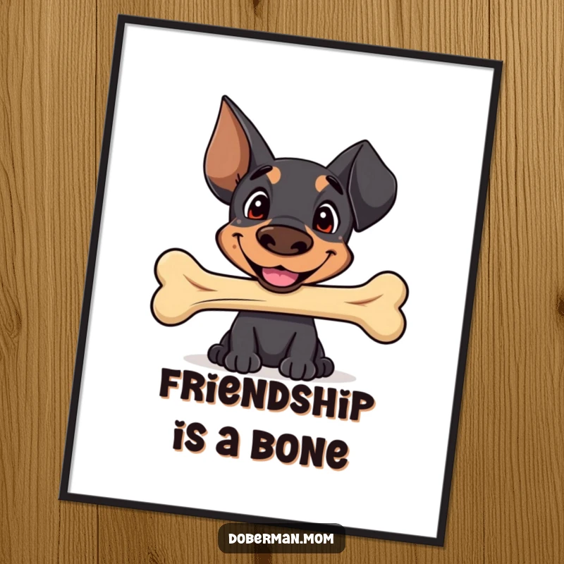 Funny Sweet Doberman poster with a happy smile, offering a well-worn bone, perfect wall art for adding adorable charm and humor.