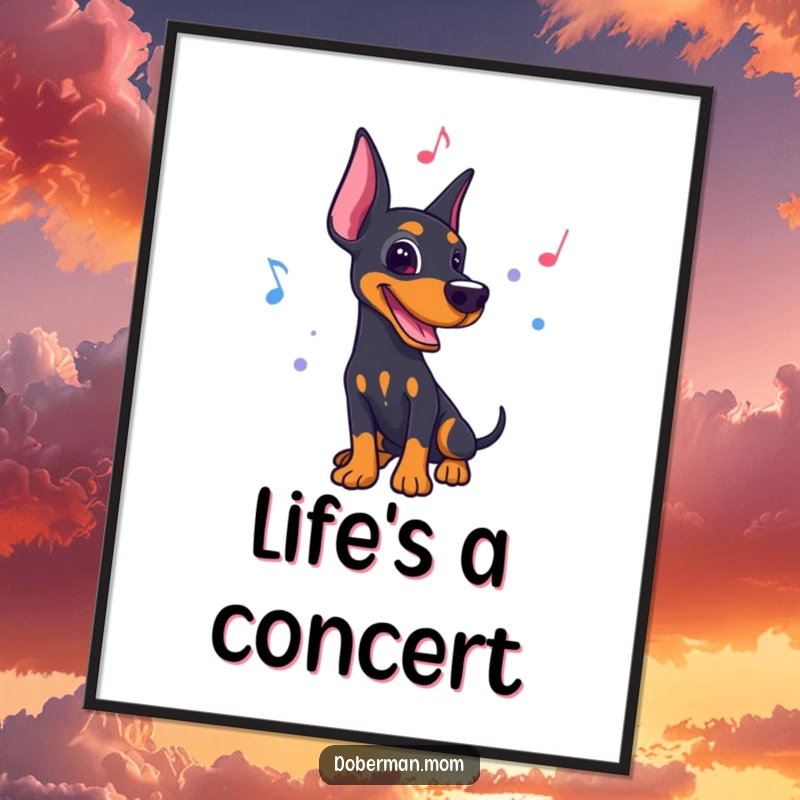 Funny poster art of a Doberman dancing energetically to a lively rhythm, with musical notes swirling.
