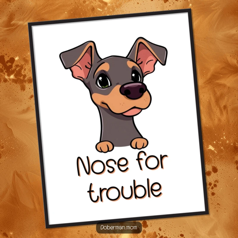 Funny Poster: Alert Doberman character with ears pricked, curiously sniffing the air, capturing a moment of intense canine focus.