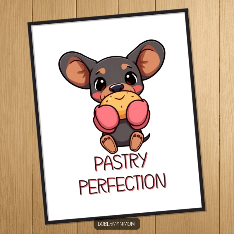 Funny Doberman dog wearing oven mitts, holding a warm pastry, displayed as humorous wall art, perfect for kitchens.