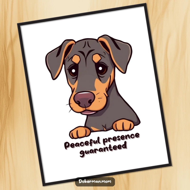 Funny Doberman with gentle eyes, offering a comforting presence, displayed as a heartwarming poster artwork.
