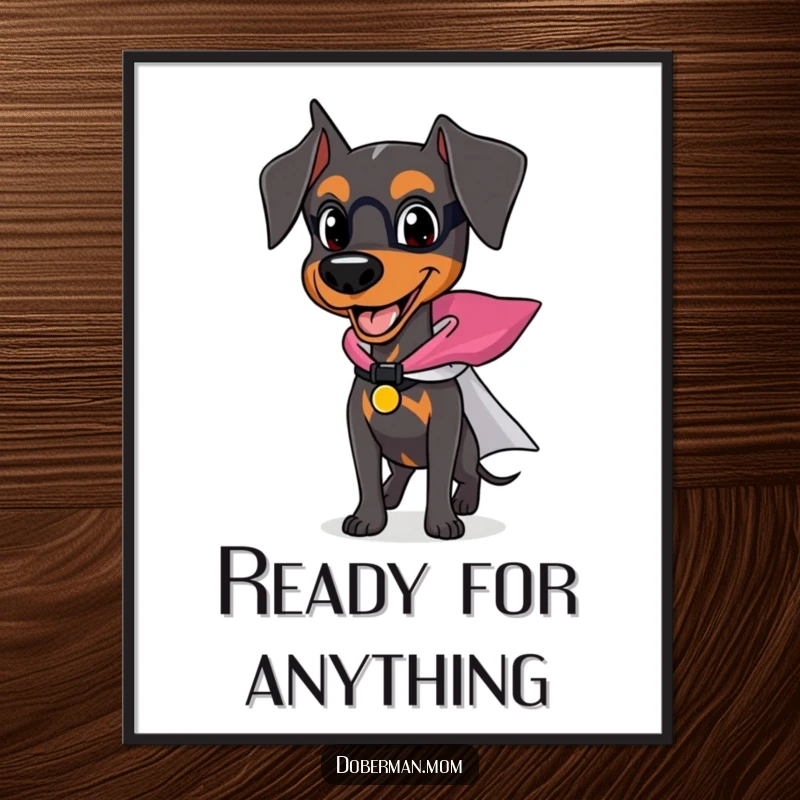 Funny Doberman poster of a happy dog wearing a tiny superhero cape, appearing ready for action and heroic deeds.