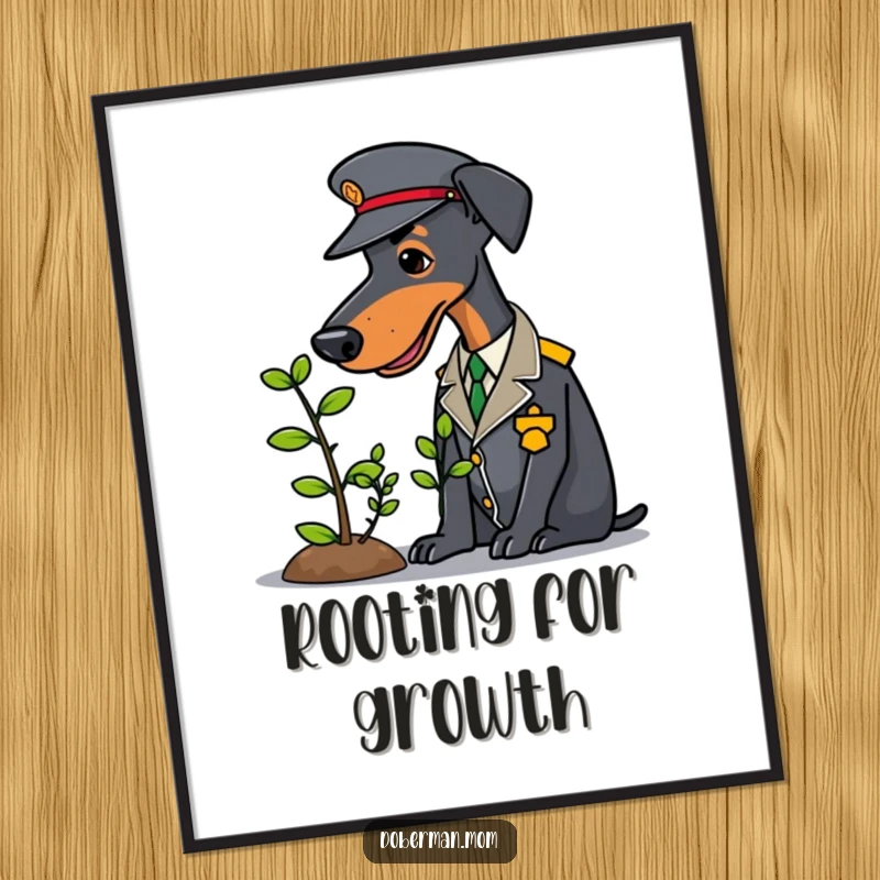 Funny Doberman in a smart uniform tending a small sapling, displayed as a humorous art poster.