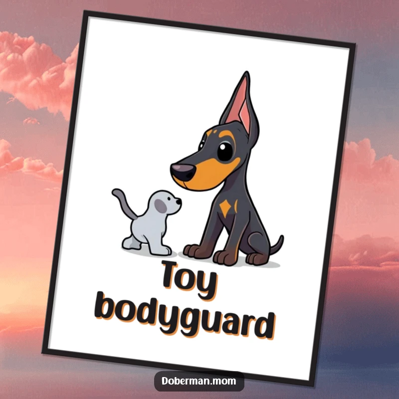 Funny Doberman poster depicting a dog in a protective stance, guarding a toy, conveying loyalty and humorous watchfulness.