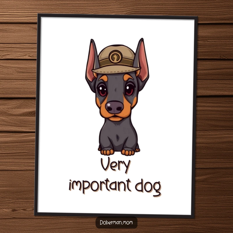 Funny Doberman hat poster print of a distinguished dog wearing a small hat, looking important, perfect for elegant wall decor.