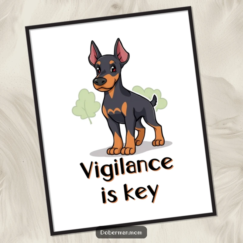 Funny Loyal Doberman Guardian Poster: a protective dog surveys its environment; adds humorous vigilance to any wall.