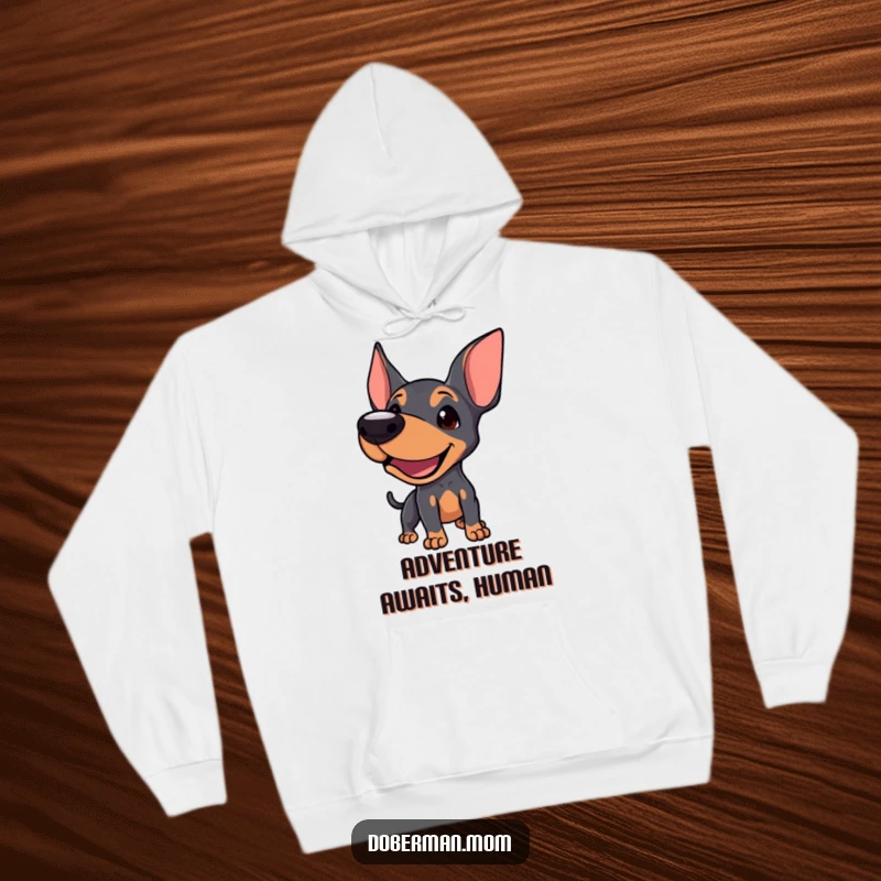 Funny Doberman hoodie featuring a dog with a playful bark, inviting interaction and cozy fun.