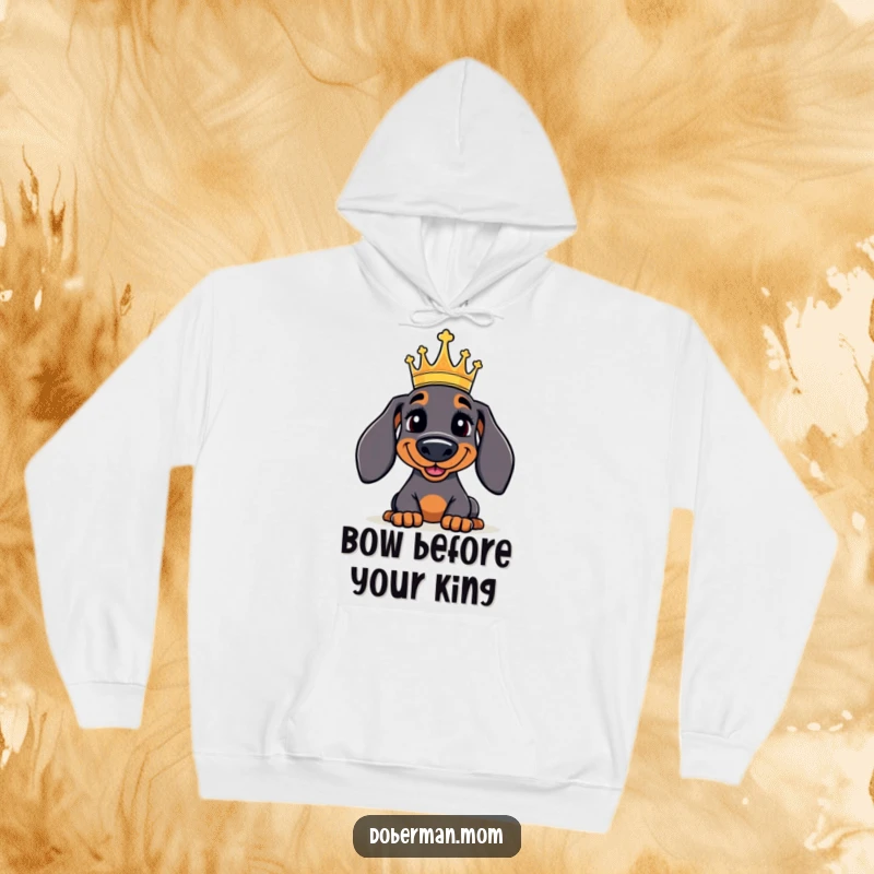 Funny Doberman Hoodie: A jolly, crowned Doberman looking down with a regal, yet friendly, expression, perfect for cozy humor.