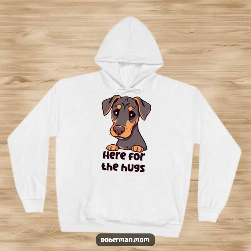 Funny Doberman with gentle eyes, offering a comforting presence, showcased on this soft and cozy hoodie.