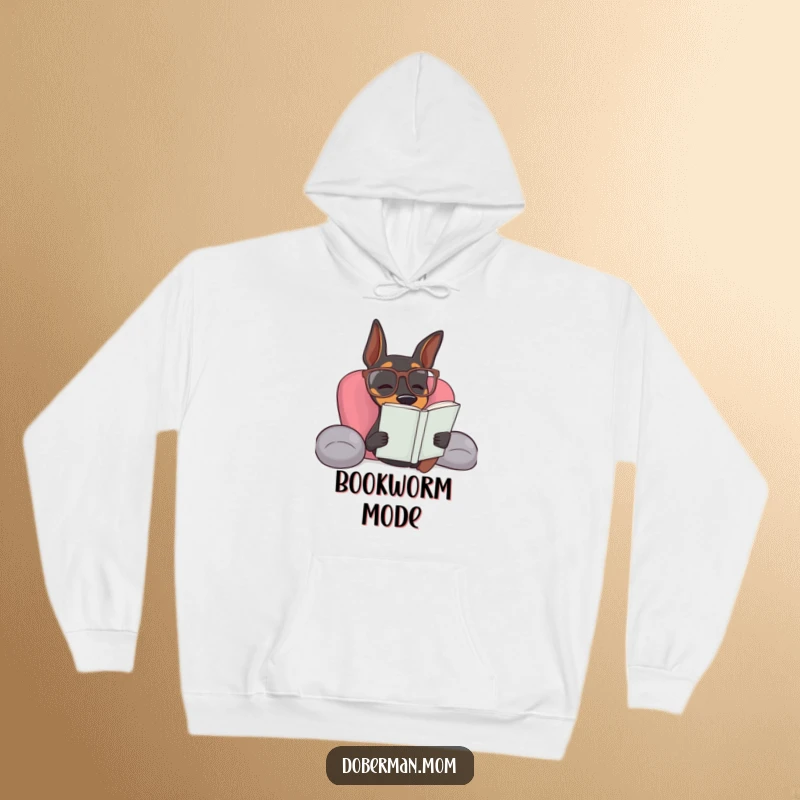 Funny Doberman dog wearing reading glasses relaxing, a warm and humorous hoodie for readers.