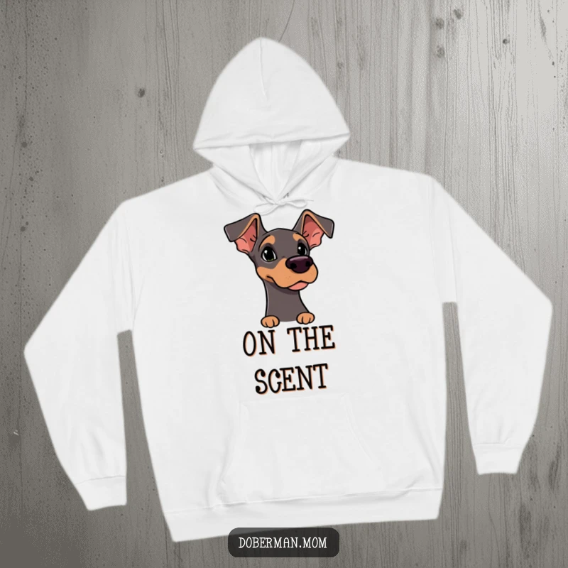 Funny Hoodie: Doberman character with alert ears, curiously sniffing the air, a warm and humorous addition to your wardrobe.