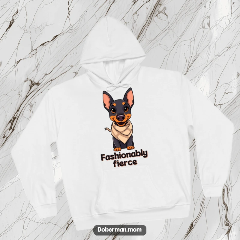 Funny Doberman hoodie depicting a confident Doberman with a stylish smile and a small scarf, radiating canine chic.