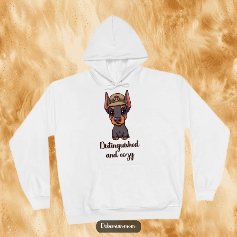 Funny Doberman hat hoodie showcasing a distinguished dog in a small hat, looking important, perfect for cozy and classy days.