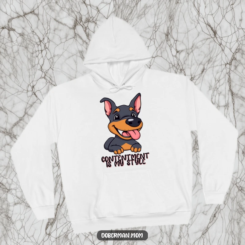 Funny Doberman hoodie featuring a dog with a happy, content grin and panting, perfect for cozy moments.