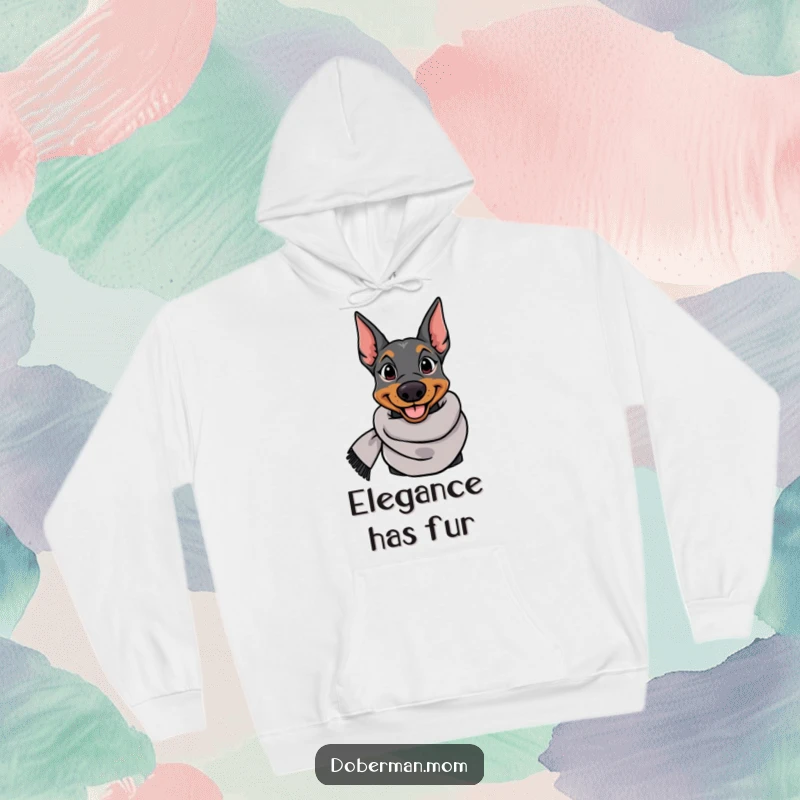 Funny Doberman hoodie featuring a smiling, elegant dog wearing a fashionable scarf, offering warmth and humor.