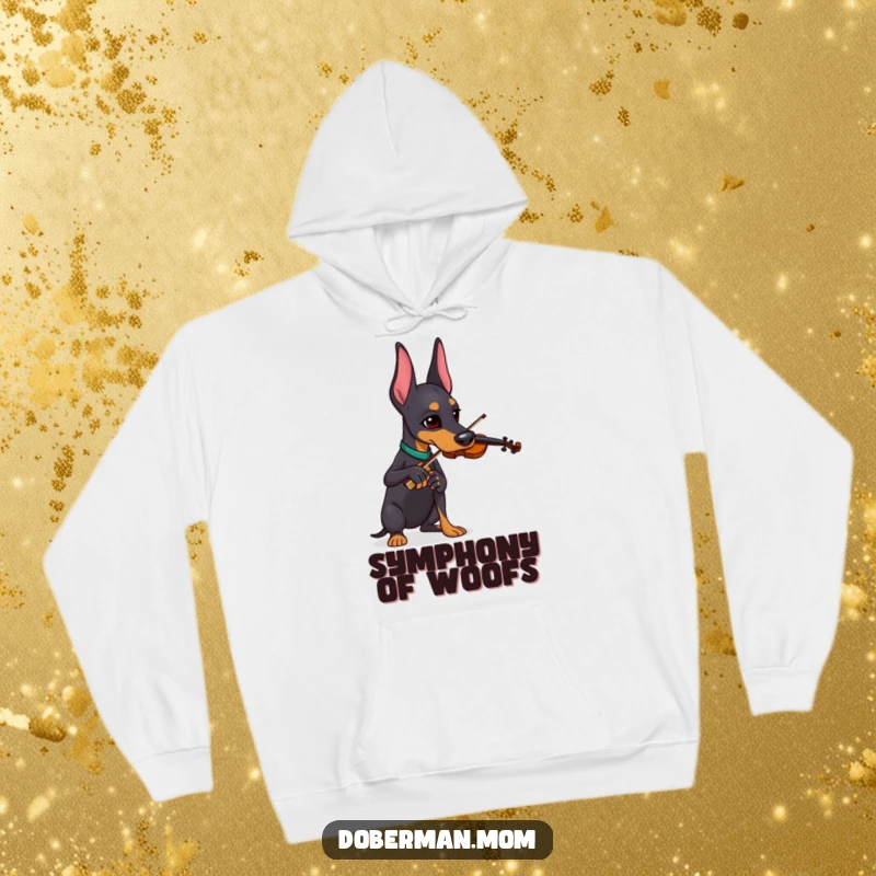 Funny Doberman playing a tiny violin with immense concentration, depicted on a cozy hoodie.