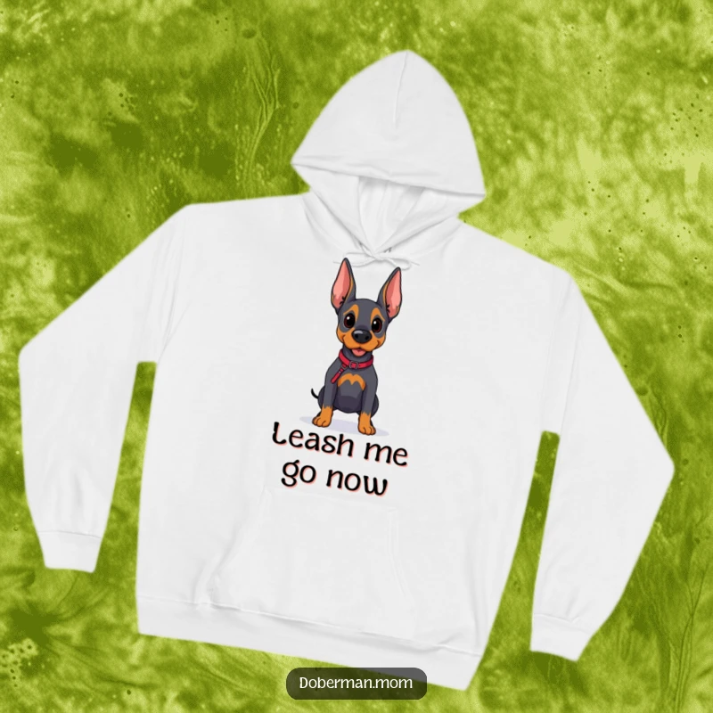 Funny Doberman Wanderlust Hoodie: A hopeful Doberman dog holds a leash, looking onward with a sense of adventure.