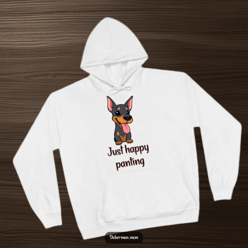 Funny hoodie showcasing a Doberman dog with its tongue slightly out, panting happily and exuding pure joy.