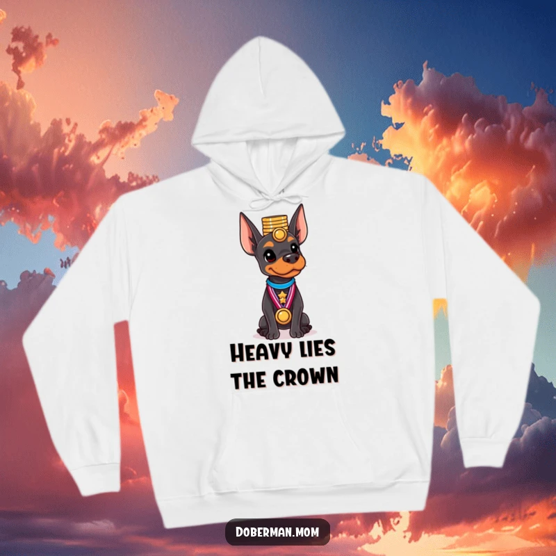 Funny Doberman hoodie showing a dog with a proud stance, balancing an impressive stack of shiny medals.