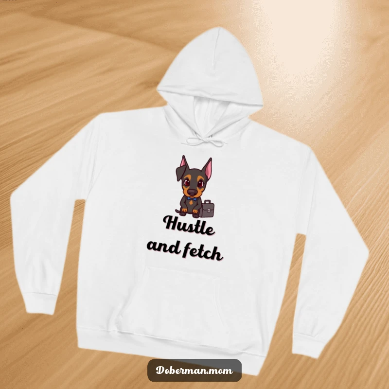 Determined Doberman with a briefcase, depicted on a cozy and funny hoodie.