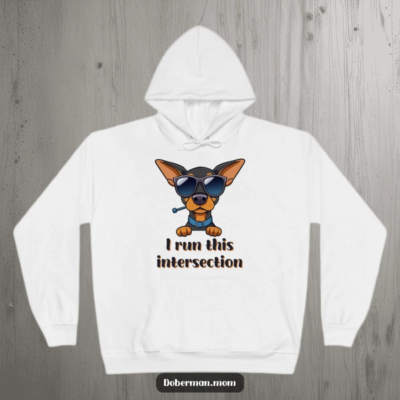 Funny Doberman hoodie, Doberman wearing sunglasses and a hat, directing traffic with a whistle, warm and cozy.