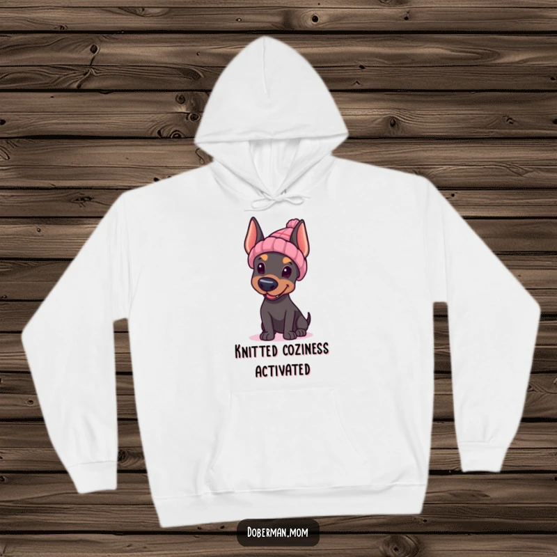Funny Doberman hoodie, Doberman wearing a knitted hat, waving friendly, comfortable and warm.