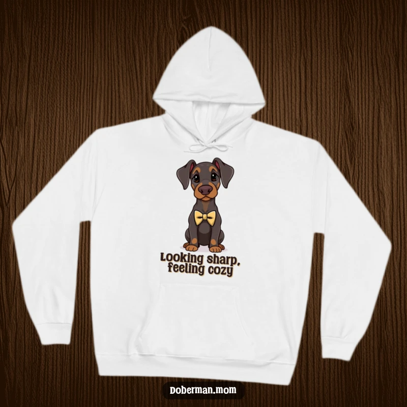 Funny Doberman standing proudly wearing a tiny, elegant bow tie, featured on a warm hoodie.